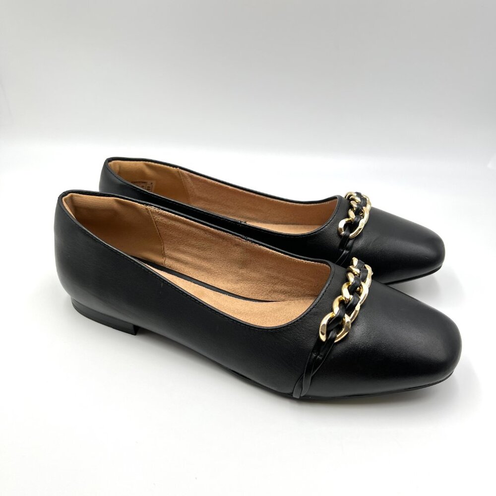 Rockport Womens Size 9 Black‎ Leather Slip On Gold Chain Ballet Flats Shoes